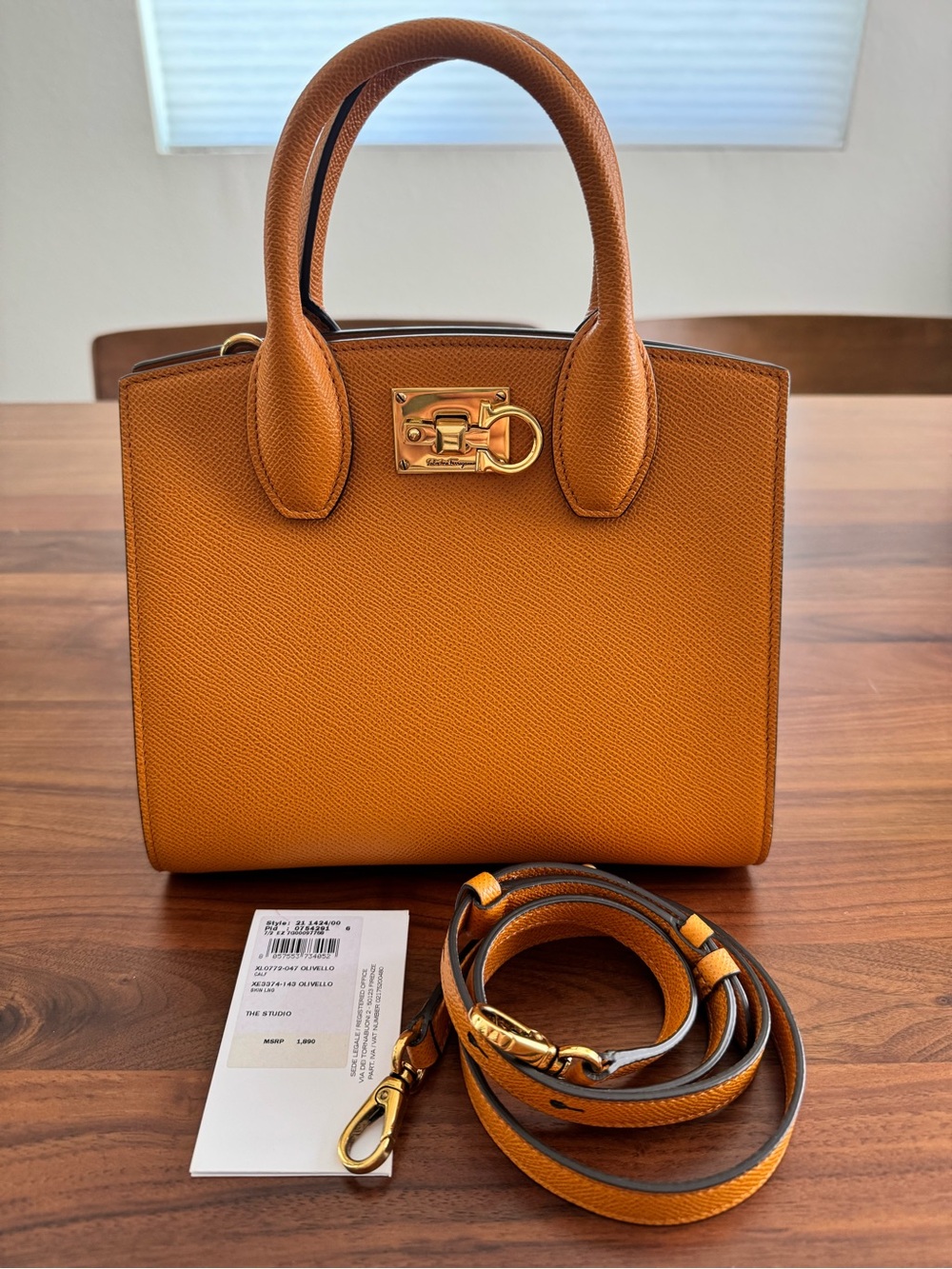 Ferragamo Small The Studio Box Bag Olivello Leather Gold Hardware